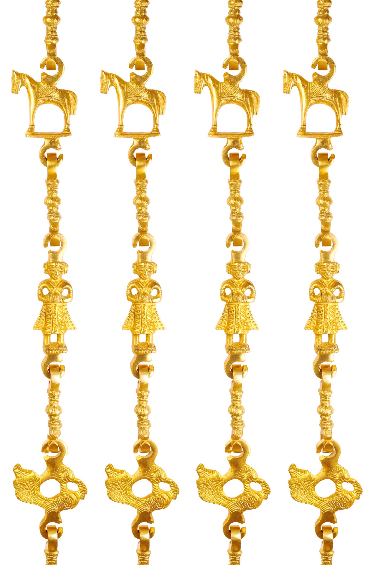 Brass Jhula Chain Horse, Men Guard, Peacock with 3 step Designer Chain 191.26 cm Each, Set of 4