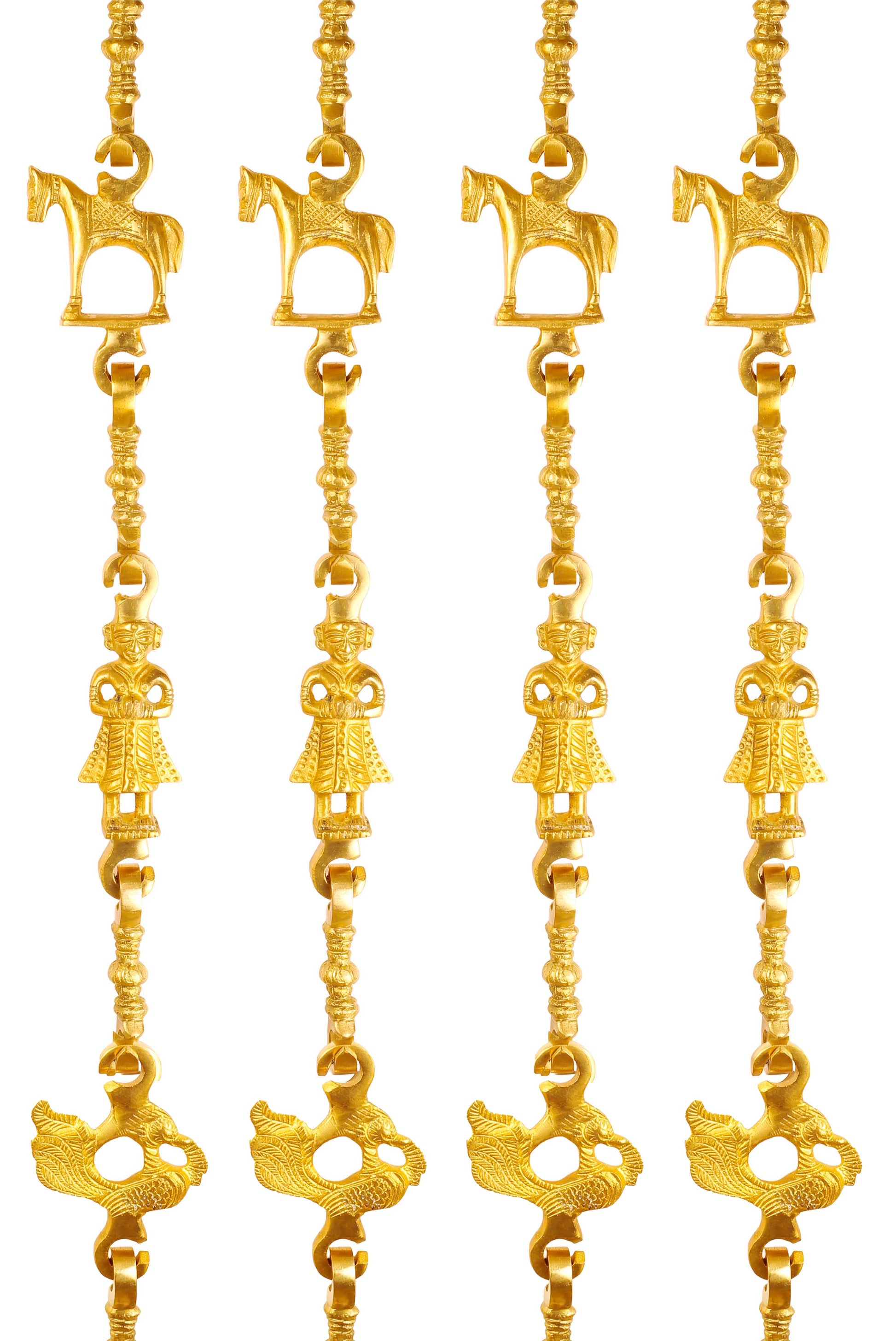 Brass Jhula Chain Horse, Men Guard, Peacock with 3 step Designer Chain 191.26 cm Each, Set of 4