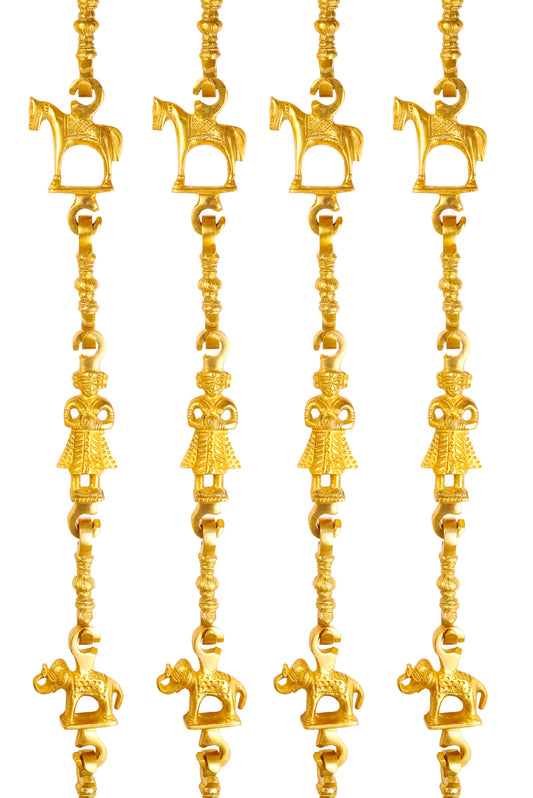 Brass Swing Jhula Chain | Design - Horse-Men Guard-Elephant | Indoor Hanging Link  | Gold | Set of 4