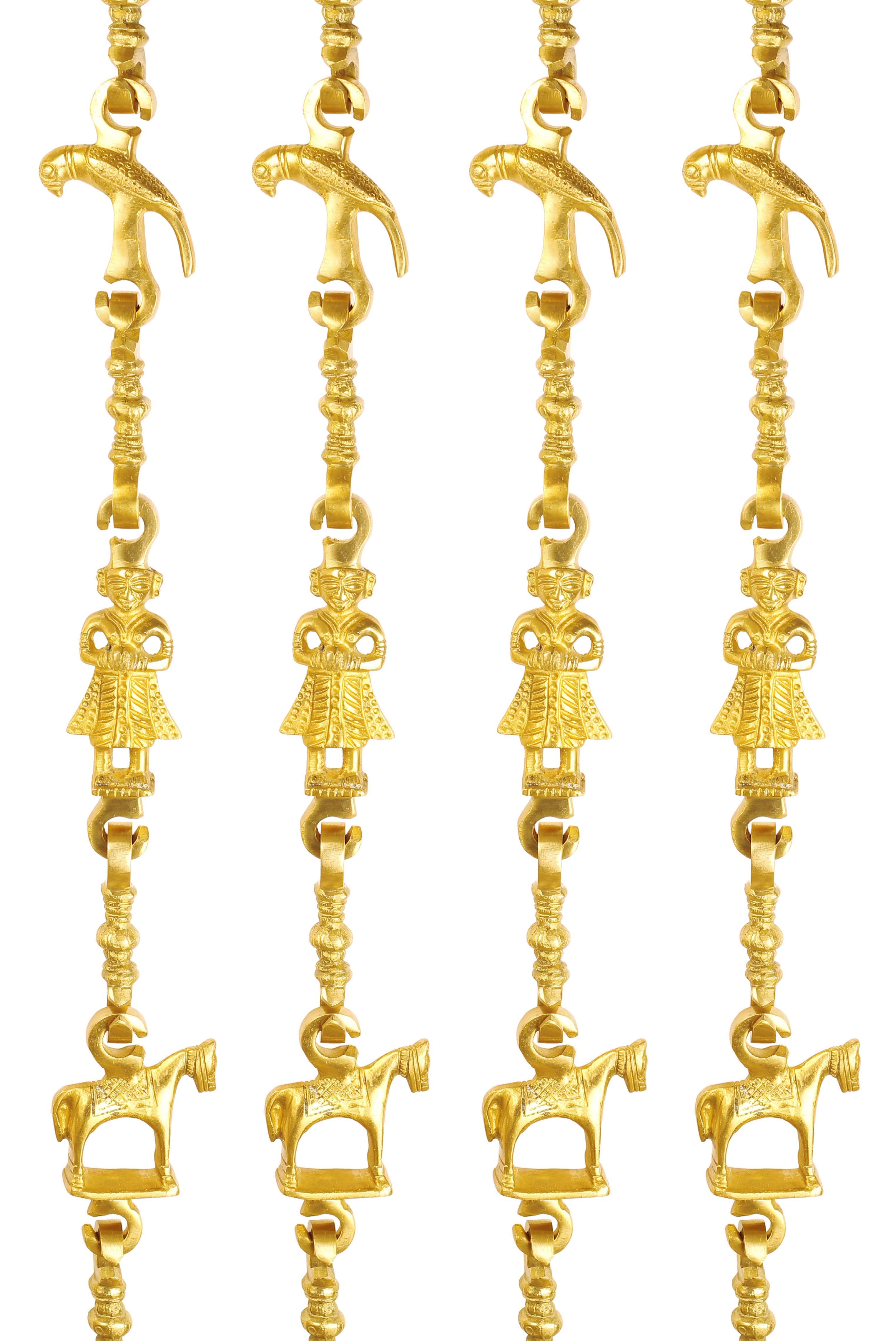 Pure Brass Jhula Chain Parrot, Men Guard, Horse with 3 step Designer Chain 192.79 cm Each, Set of 4