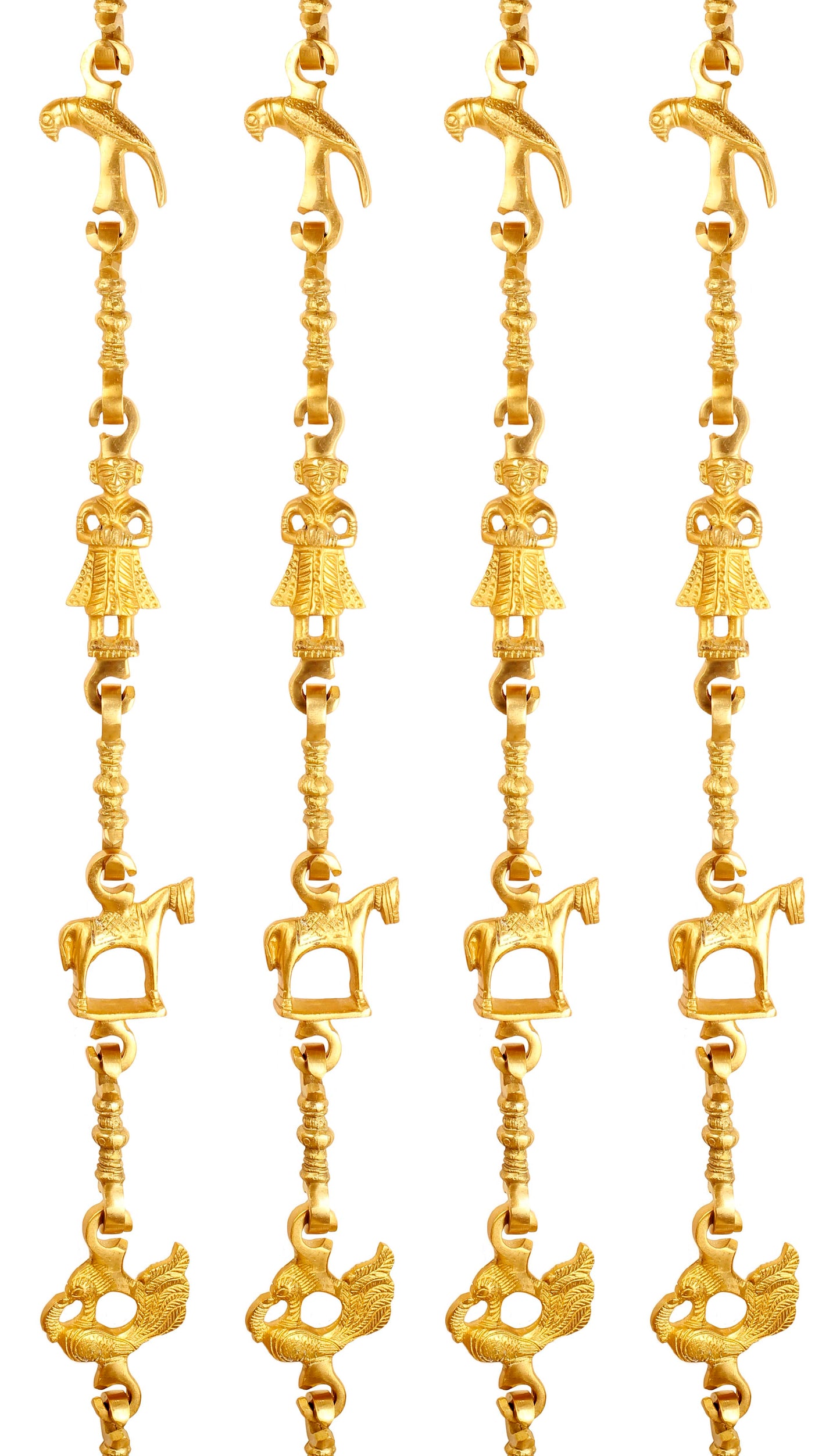 Brass Jhula Chain Parrot, Men Guard, Horse, Peacock with 3 step Designer Chain 193.29 cm Each, Set of 4