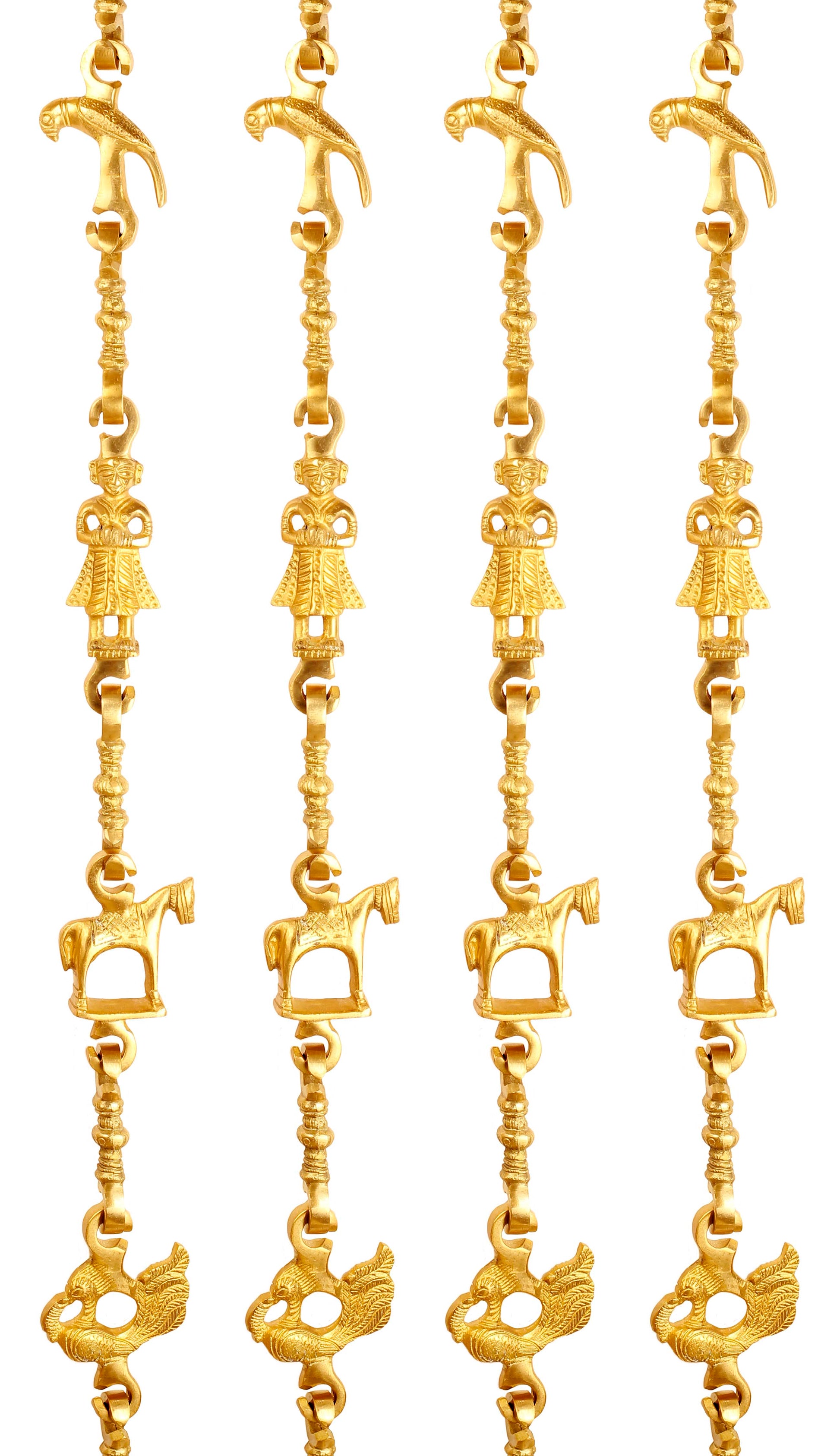 Brass Jhula Chain Parrot, Men Guard, Horse, Peacock with 3 step Designer Chain 193.29 cm Each, Set of 4