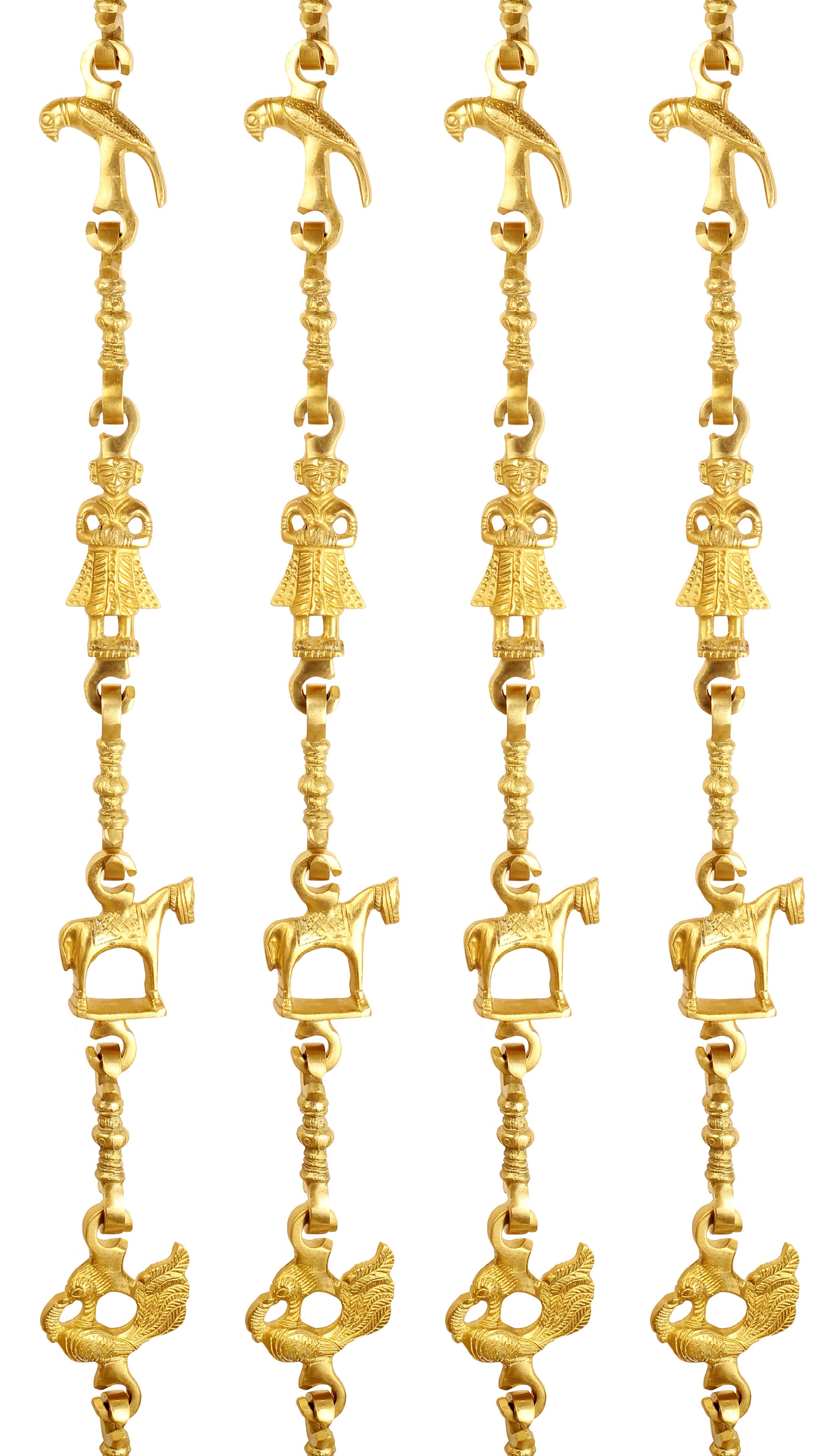 Brass Jhula Chain Parrot, Men Guard, Horse, Peacock with 3 step Designer Chain 193.29 cm Each, Set of 4