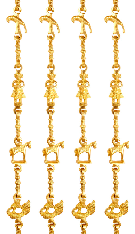 Brass Jhula Chain Parrot, Men Guard, Horse, Peacock with 3 step Designer Chain 193.29 cm Each, Set of 4