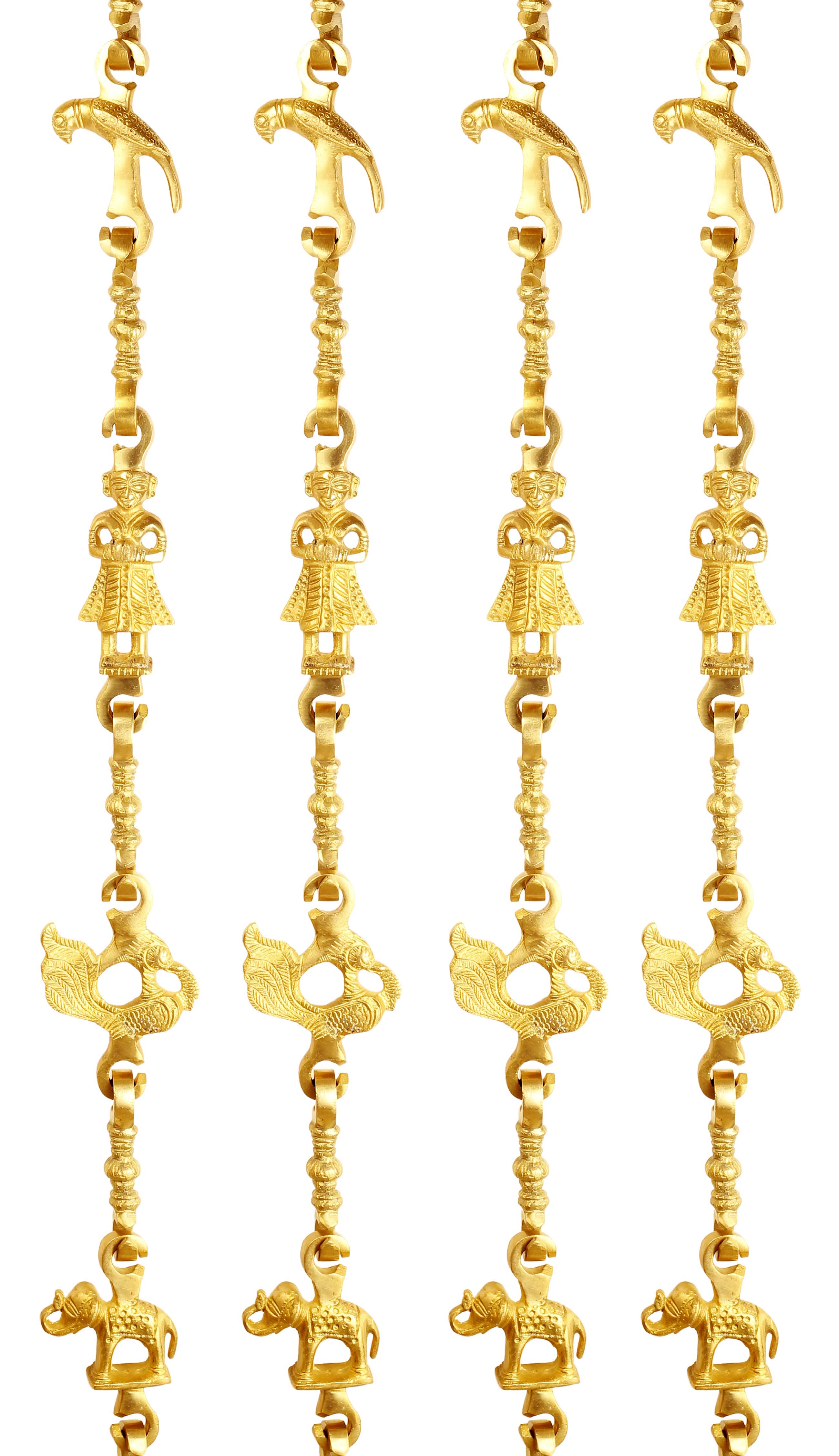 Brass Jhula Chain Parrot, Men Guard, Peacock, Elephant With 3 step Designer Chain 193.29 cm Each, Set of 4