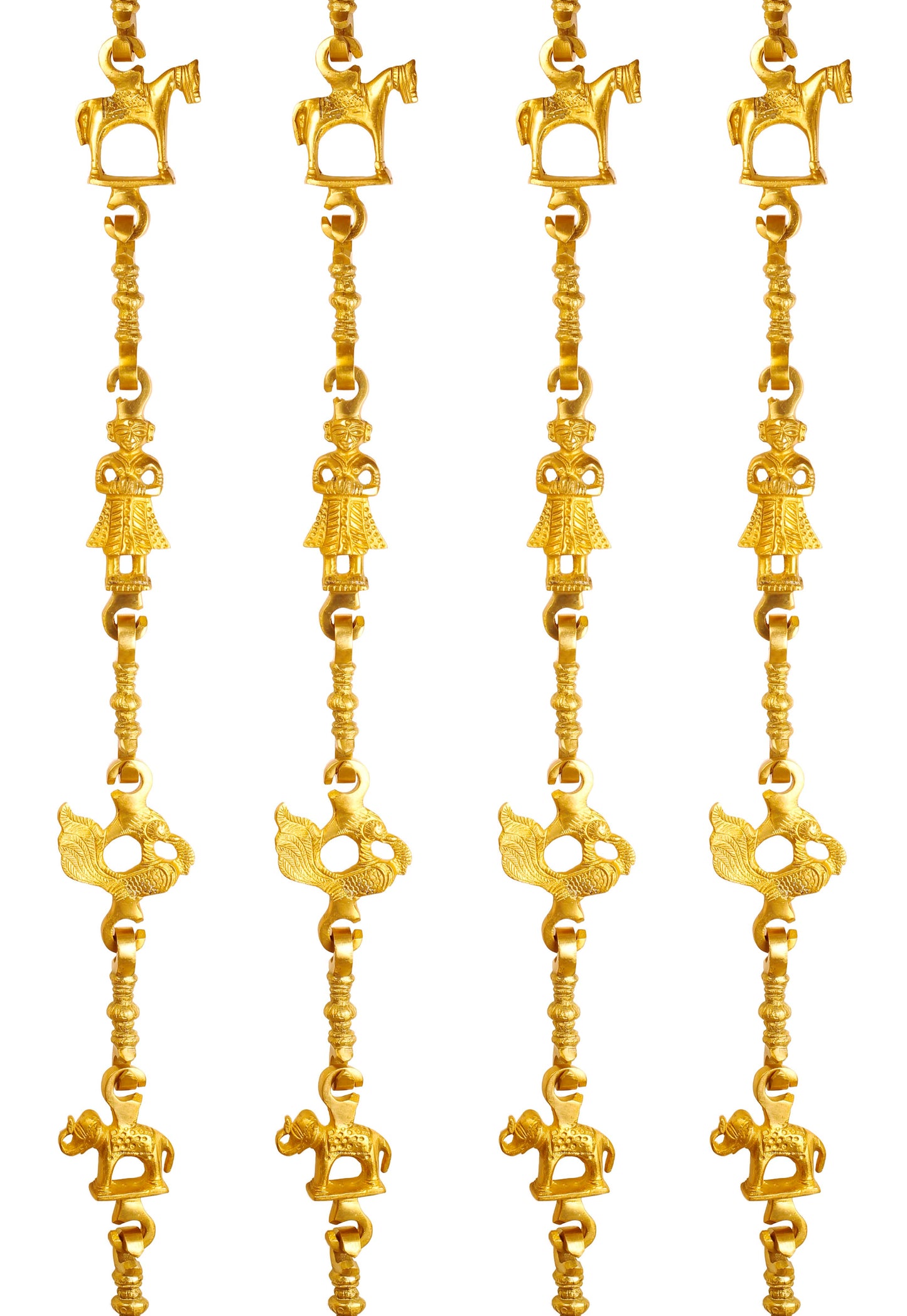 Brass Jhula Chain Horse, Men Guard, Peacock, Elephant With 3 step Designer Chain 193.29 cm Each, Set of 4