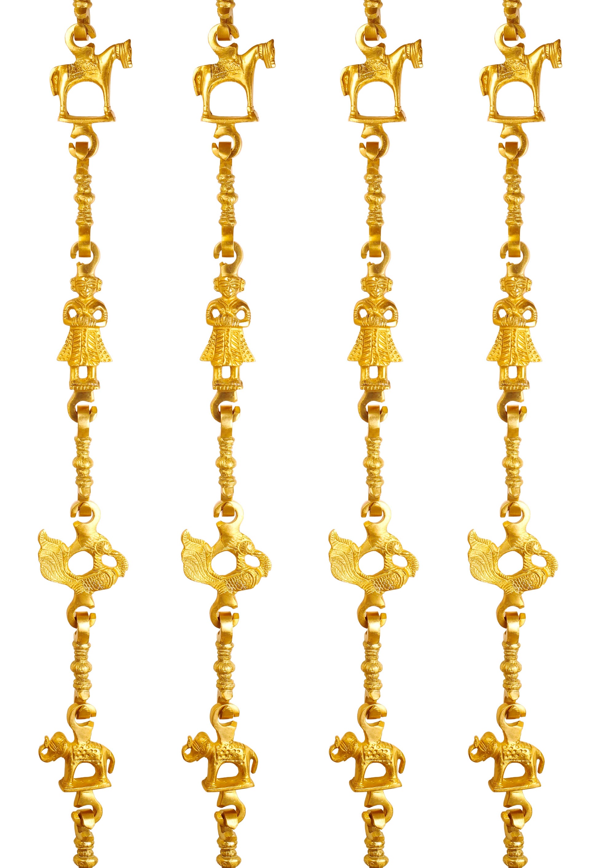 Brass Jhula Chain Horse, Men Guard, Peacock, Elephant With 3 step Designer Chain 193.29 cm Each, Set of 4