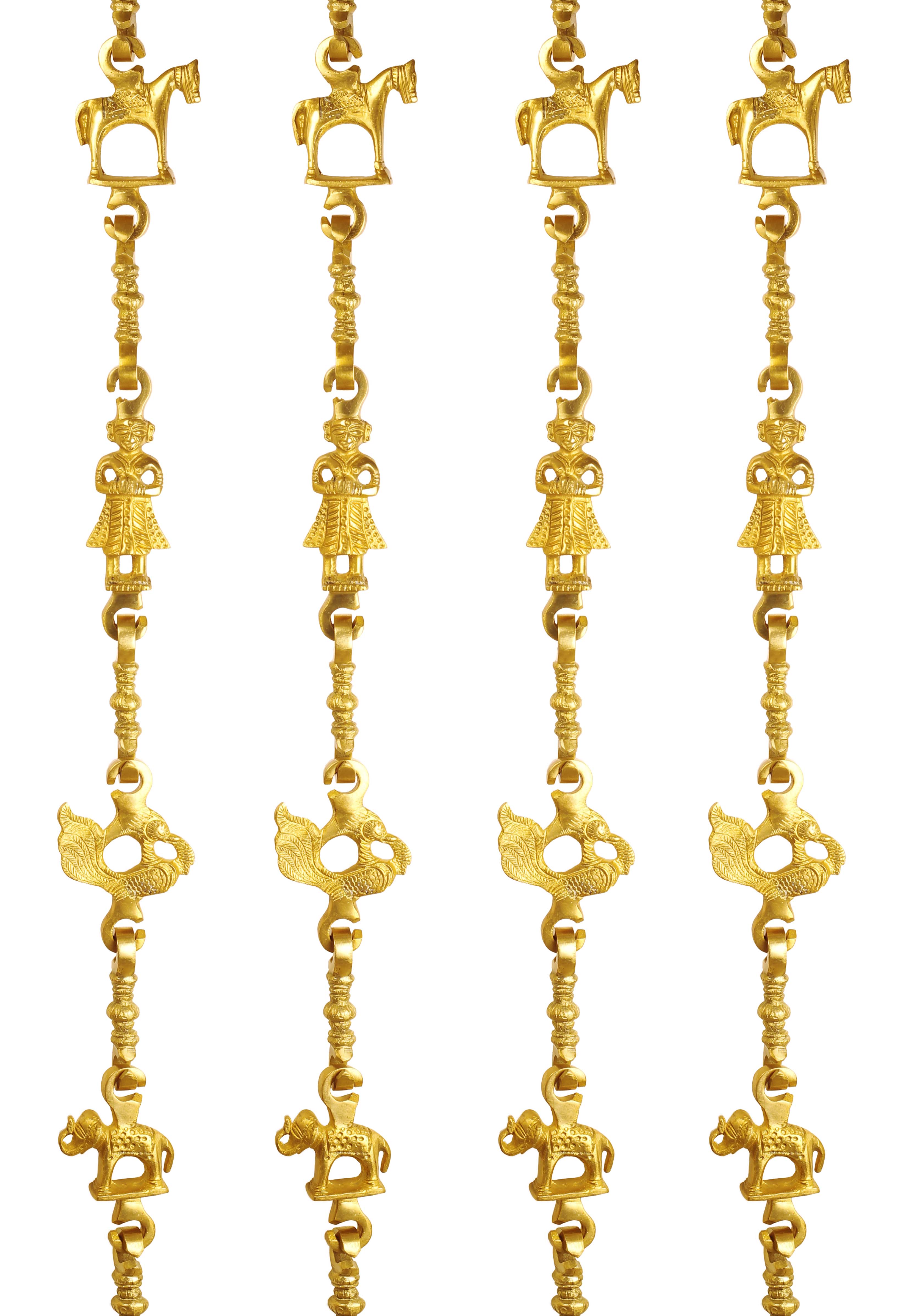 Brass Jhula Chain Horse, Men Guard, Peacock, Elephant With 3 step Designer Chain 193.29 cm Each, Set of 4