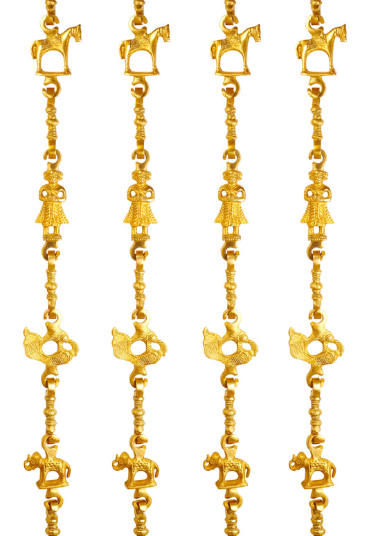 Brass Jhula Chain Horse, Men Guard, Peacock, Elephant With 3 step Designer Chain 193.29 cm Each, Set of 4