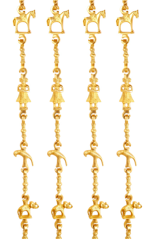 Brass Jhula Chain Horse, Men Guard, Parrot, Elephant With 3 step Designer Chain 194.82 cm Each, Set of 4