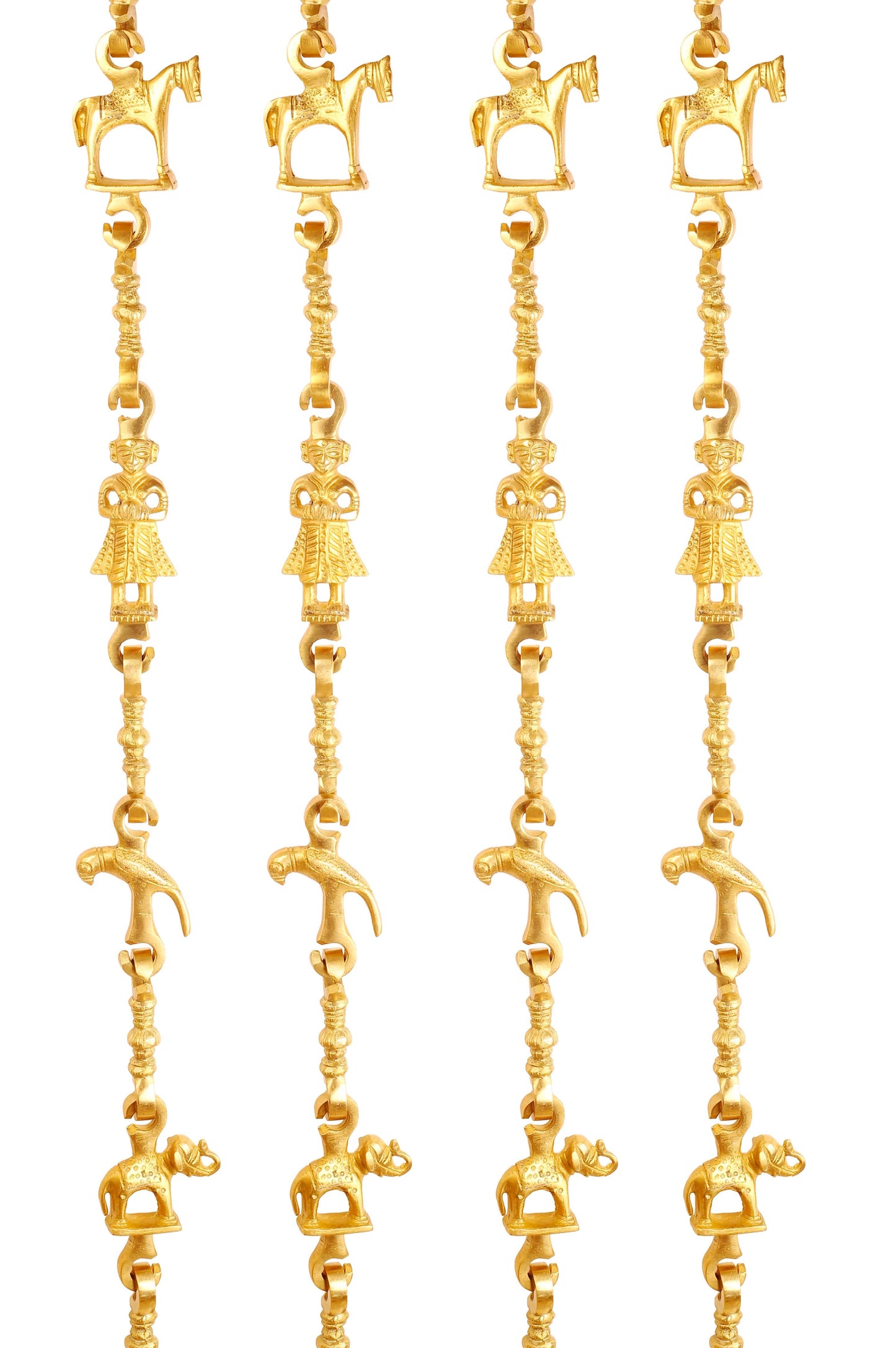 Brass Jhula Chain Horse, Men Guard, Parrot, Elephant With 3 step Designer Chain 194.82 cm Each, Set of 4