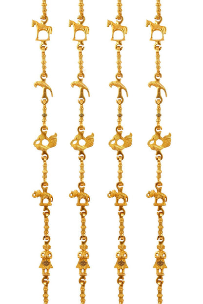 Brass Jhula Chain Horse, Parrot, Peacock, Men Guard, Elephant With 3 step Designer Chain 195 Cm Each, Set of 4