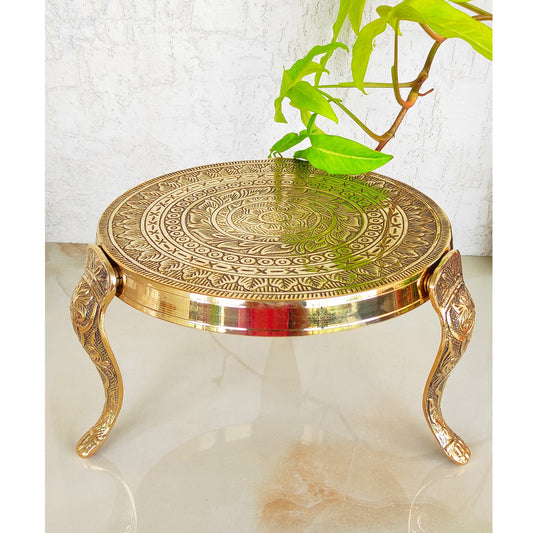 Handmade Brass Nakasi 3 Step Round Chowki, Poojan Temple Home