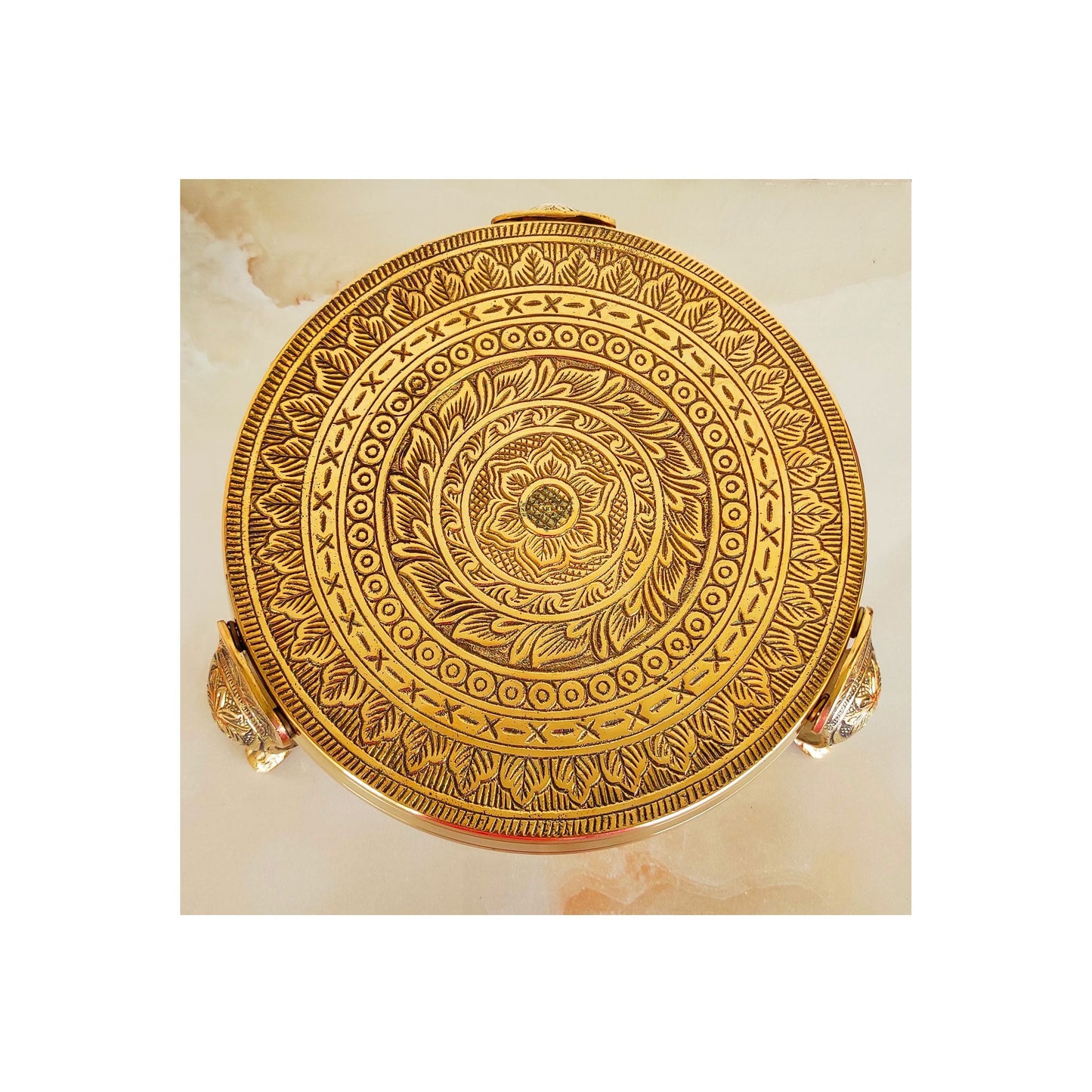 Handmade Brass Nakasi 3 Step Round Chowki, Poojan Temple Home