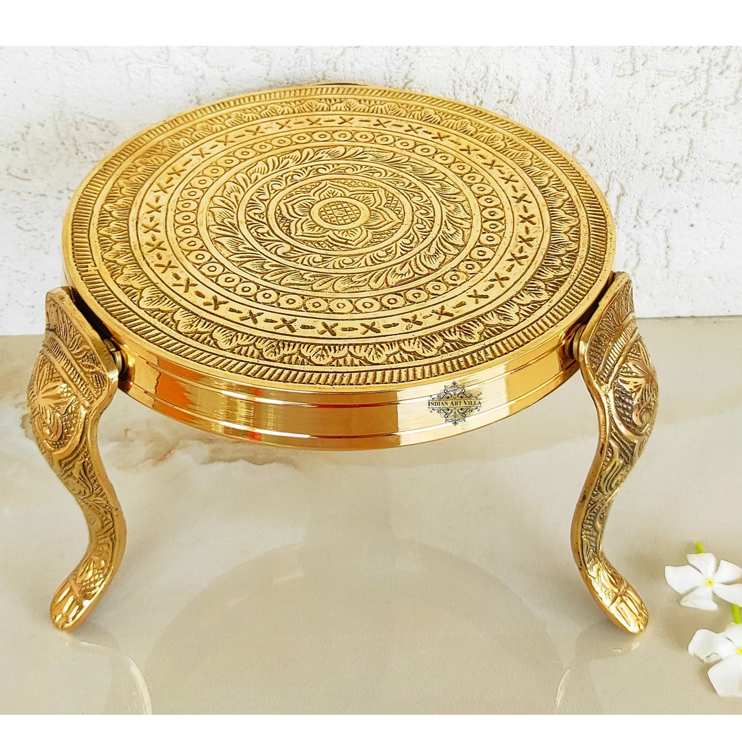 Handmade Brass Nakasi 3 Step Round Chowki, Poojan Temple Home