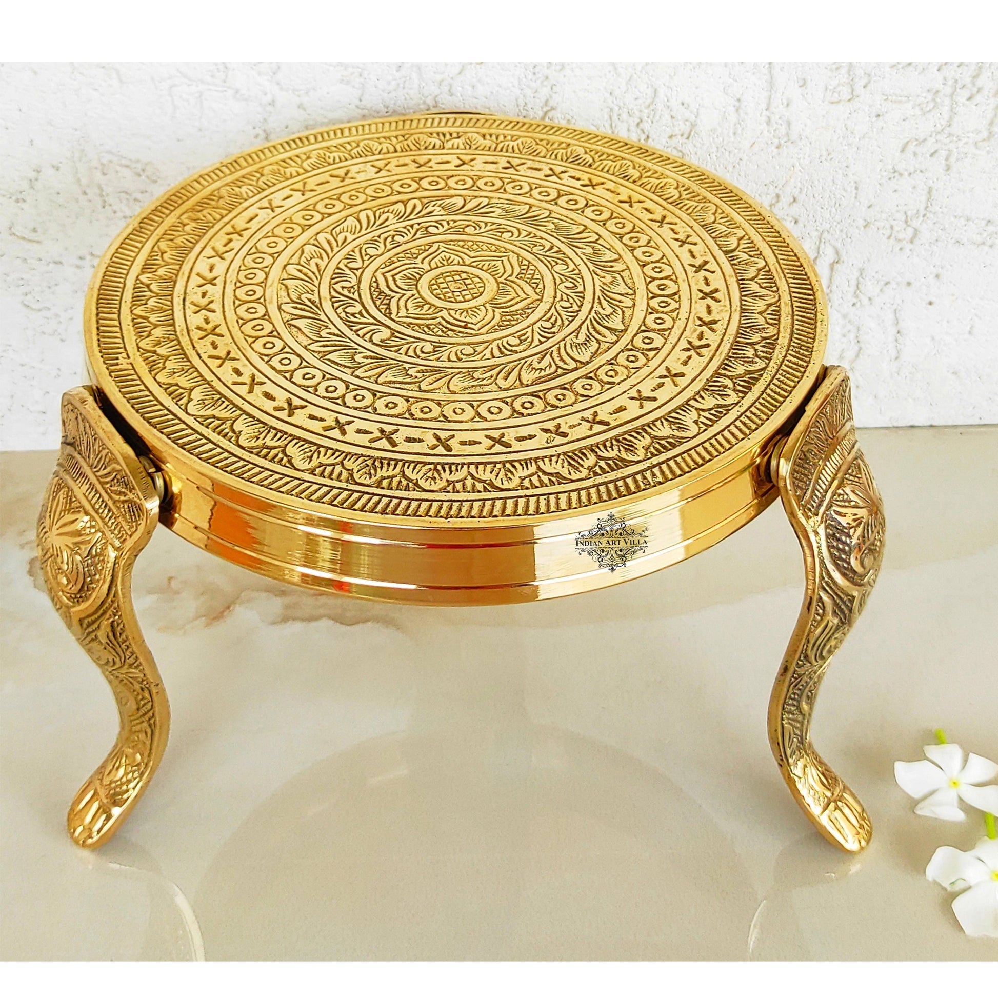 Handmade Brass Nakasi 3 Step Round Chowki, Poojan Temple Home