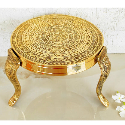 Handmade Brass Nakasi 3 Step Round Chowki, Poojan Temple Home