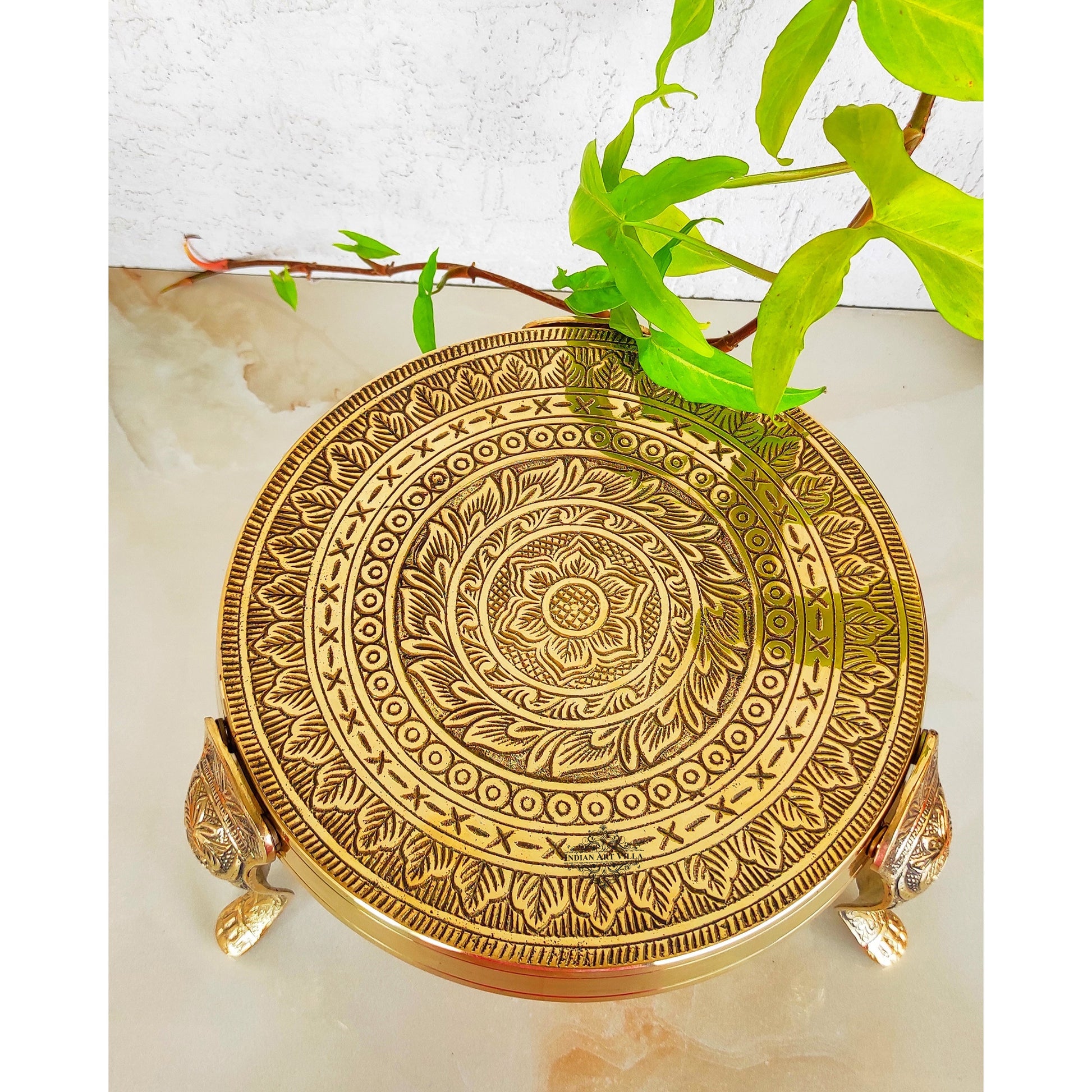 Handmade Brass Nakasi 3 Step Round Chowki, Poojan Temple Home