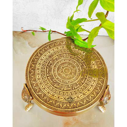 Handmade Brass Nakasi 3 Step Round Chowki, Poojan Temple Home