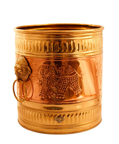 Handmade Pure Brass Planter Embossed With Handle- 25.40 cmX22.86 cm