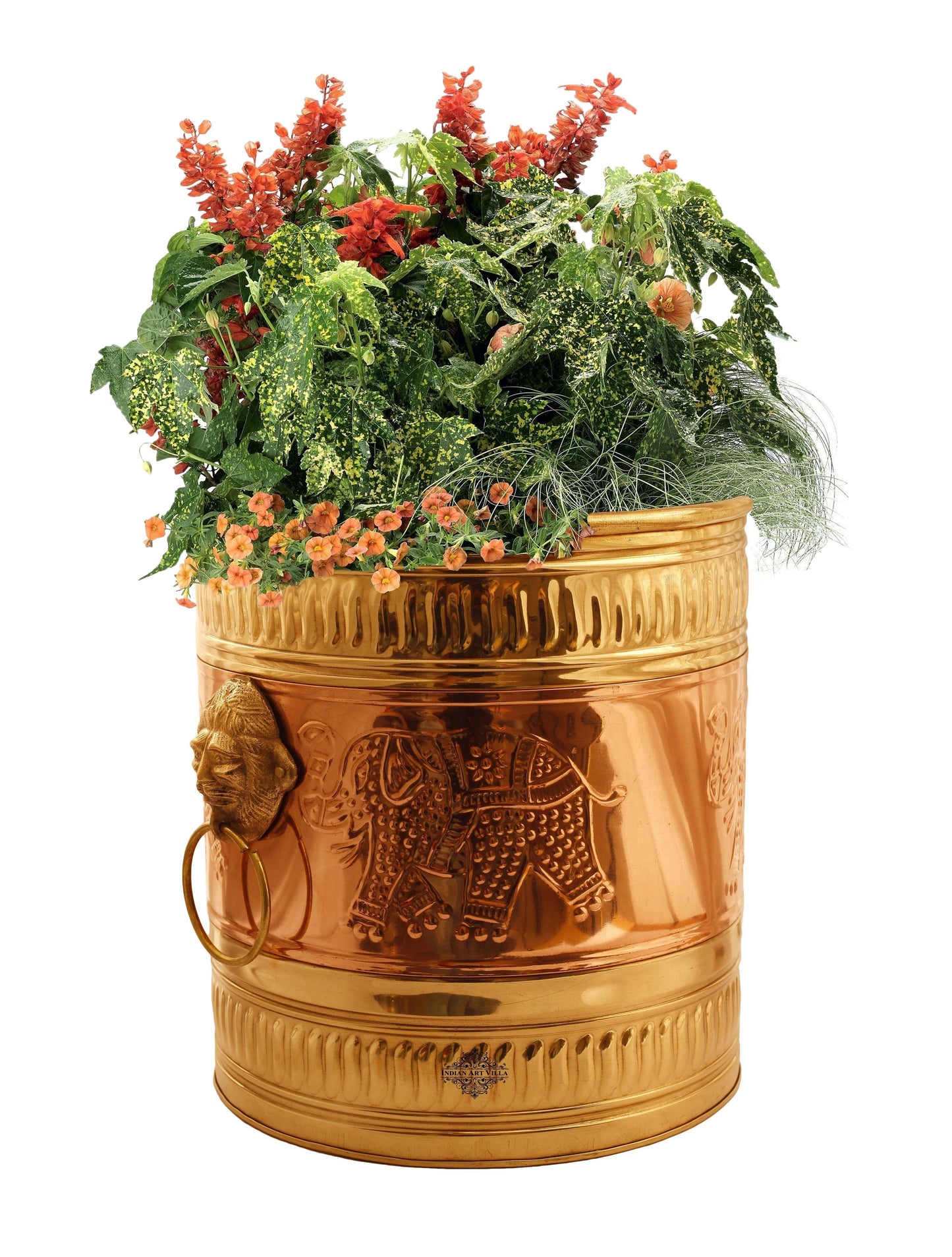 Handmade Pure Brass Planter Embossed With Handle- 25.40 cmX22.86 cm