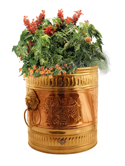 Handmade Pure Brass Planter Embossed With Handle- 25.40 cmX22.86 cm