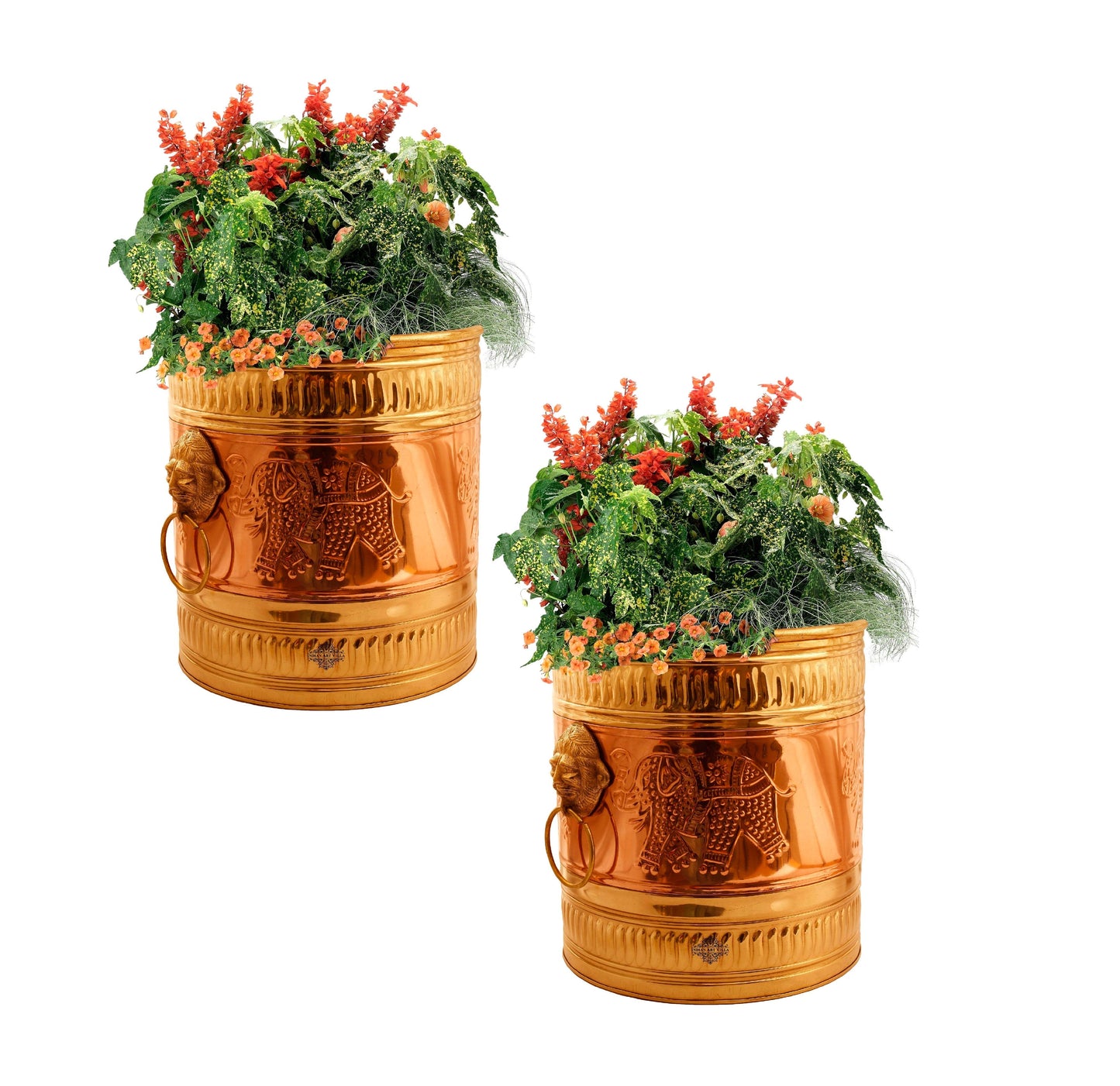 Brass Planter Embossed With Handle- 29.21 cmX33.02 cm
