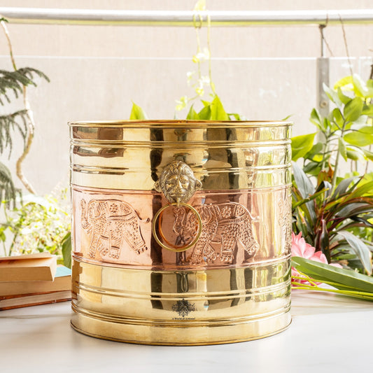 Pure Brass Planter With Embossed & Lining Design & Handle, Size- 31.75 cm x 34.29 cm