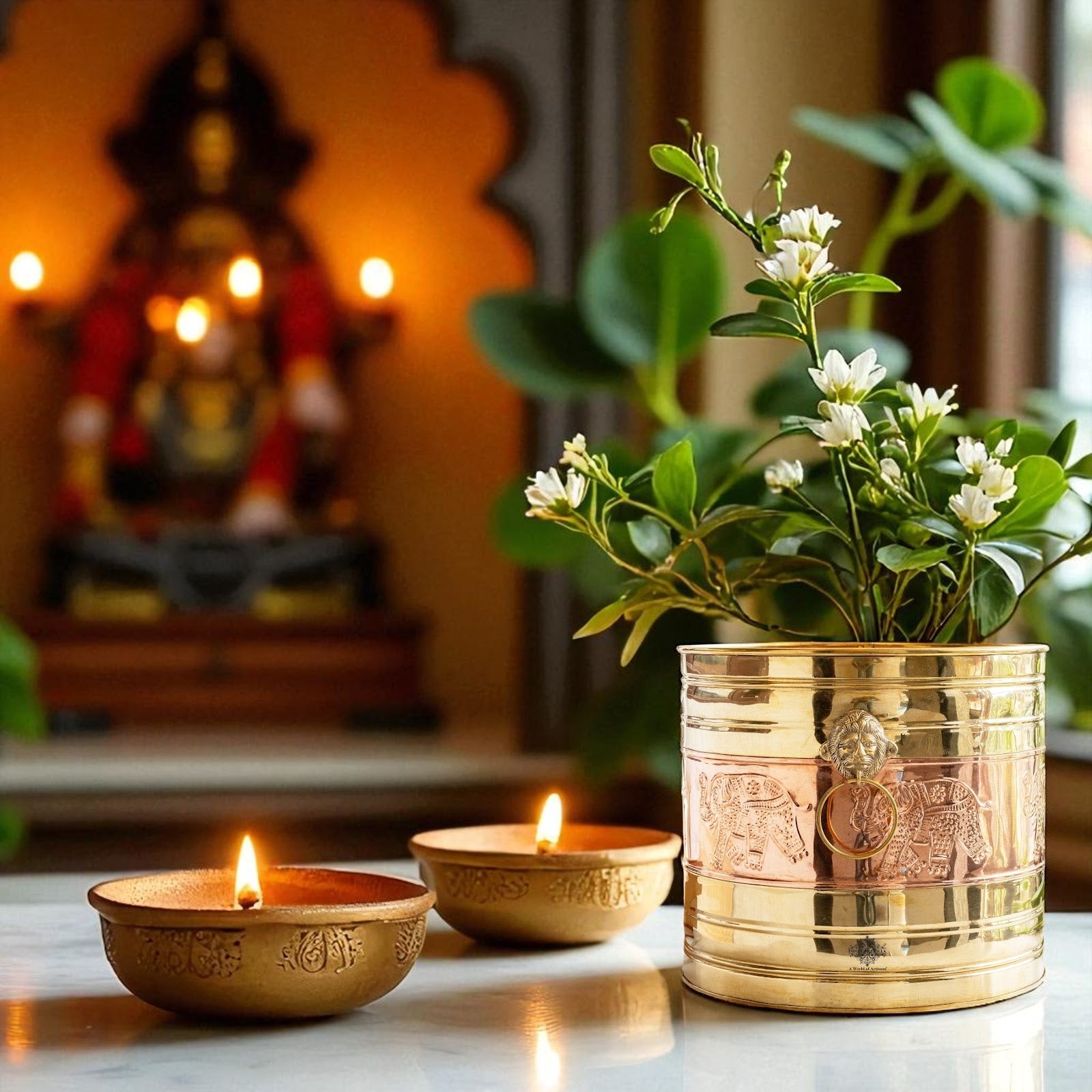 Pure Brass Planter With Embossed & Lining Design & Handle, Size- 31.75 cm x 34.29 cm