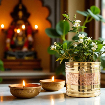 Pure Brass Planter With Embossed & Lining Design & Handle, Size- 31.75 cm x 34.29 cm