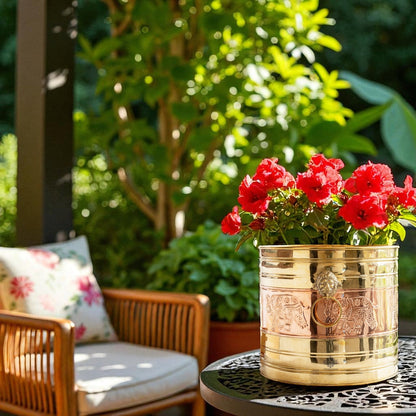 Pure Brass Planter With Embossed & Lining Design & Handle, Size- 31.75 cm x 34.29 cm