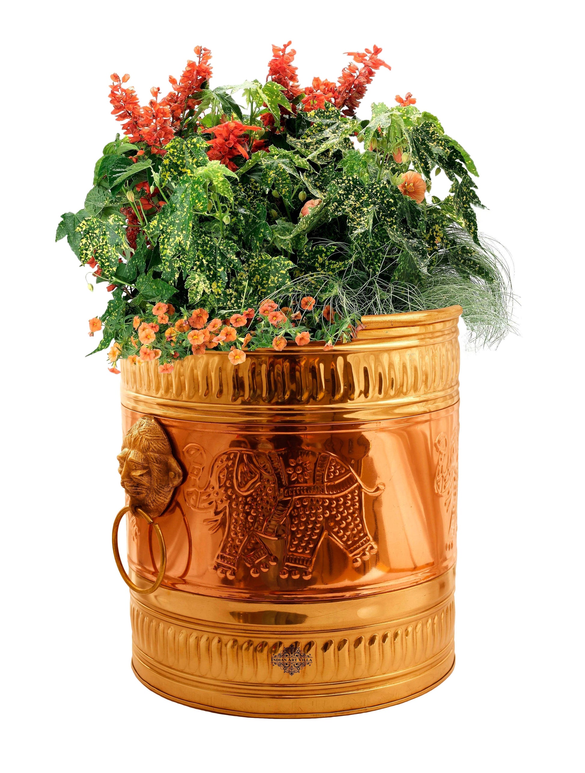 Brass Planter Embossed With Handle- 29.21 cmX33.02 cm