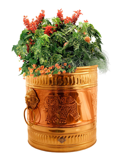 Brass Planter Embossed With Handle- 29.21 cmX33.02 cm