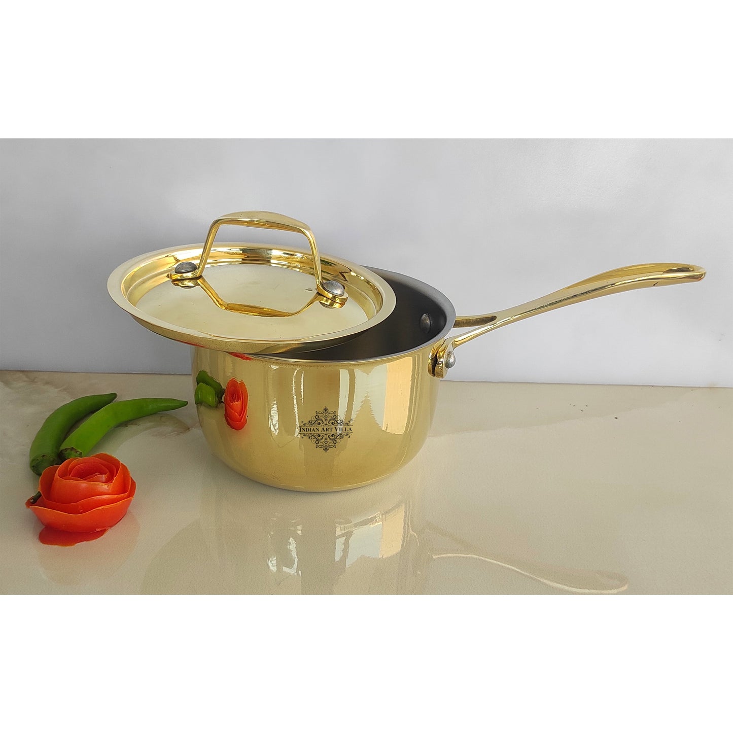 Pure Brass Sauce Pan with Brass Lid and Handle, Tin Lining Inside