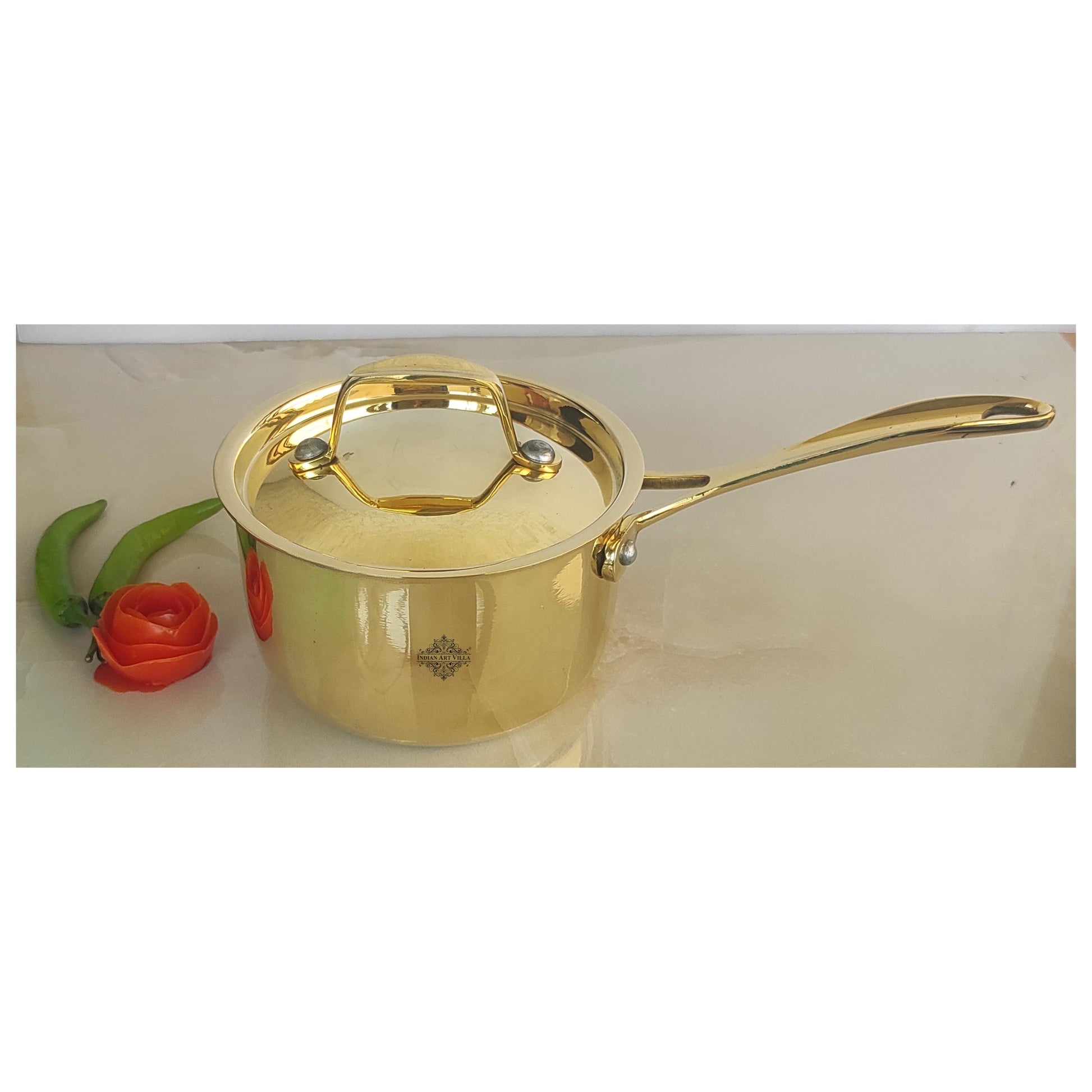Pure Brass Sauce Pan with Brass Lid and Handle, Tin Lining Inside