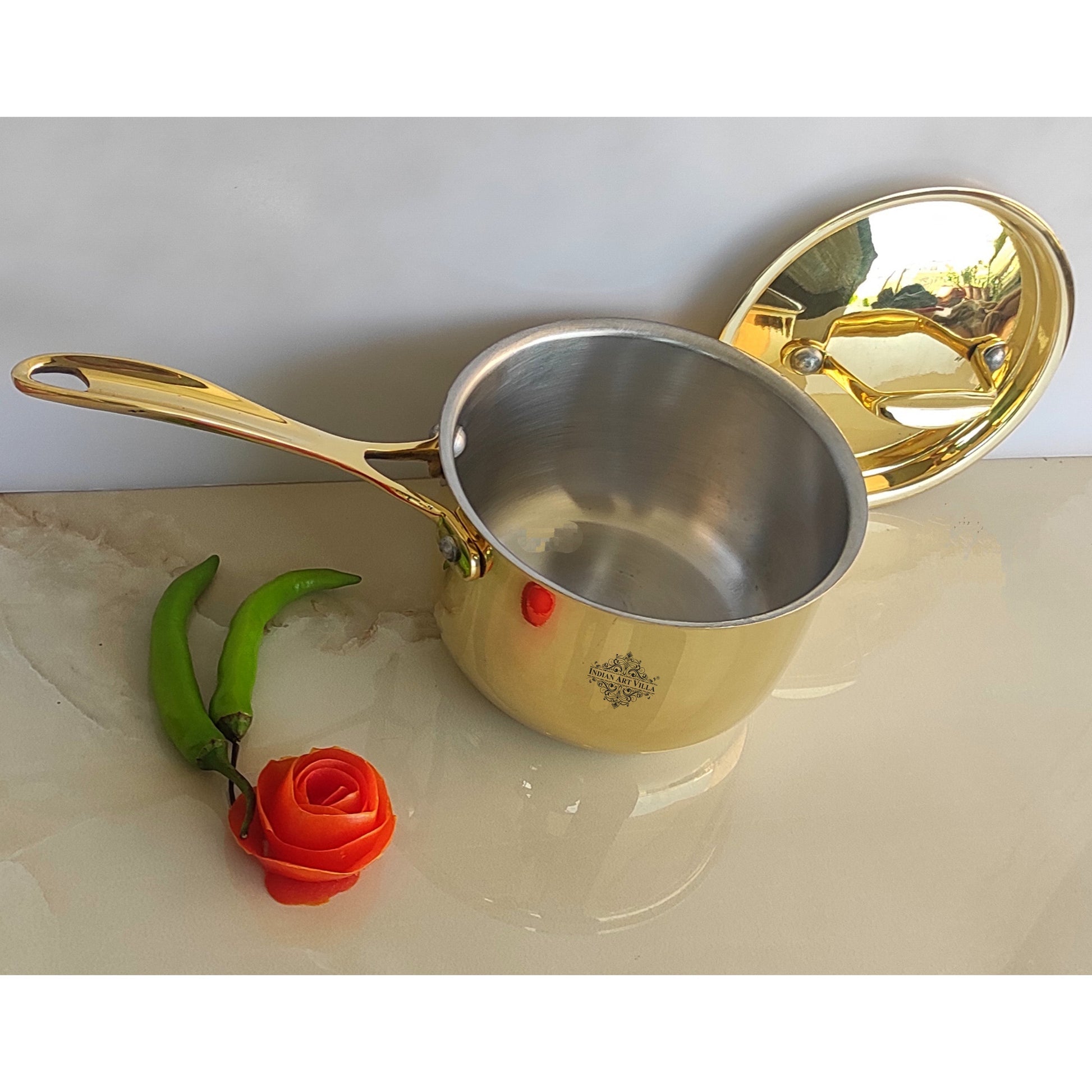 Pure Brass Sauce Pan with Brass Lid and Handle, Tin Lining Inside