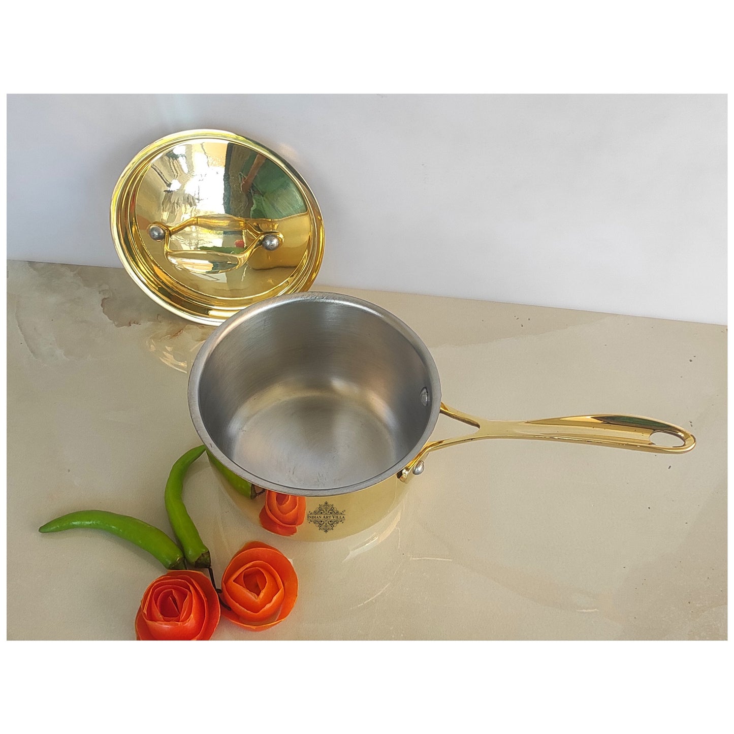 Pure Brass Sauce Pan with Brass Lid and Handle, Tin Lining Inside