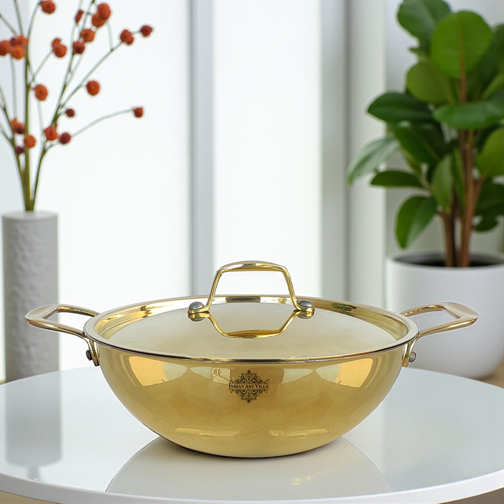 Pure Brass with tin Lining & Gold Finish Kadhai With Lid & Handle