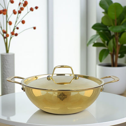 Pure Brass with tin Lining & Gold Finish Kadhai With Lid & Handle