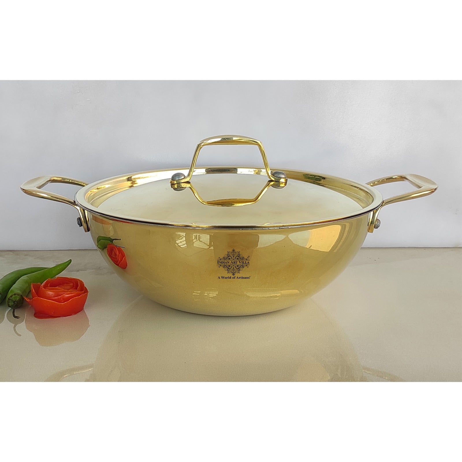 Pure Brass with tin Lining & Gold Finish Kadhai With Lid & Handle