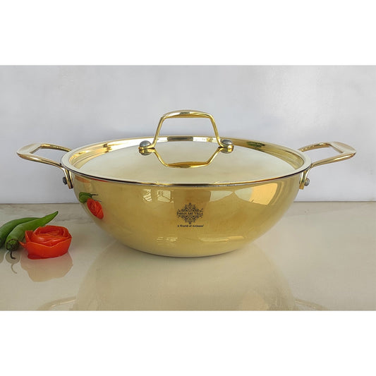 Pure Brass with tin Lining & Gold Finish Kadhai With Lid & Handle