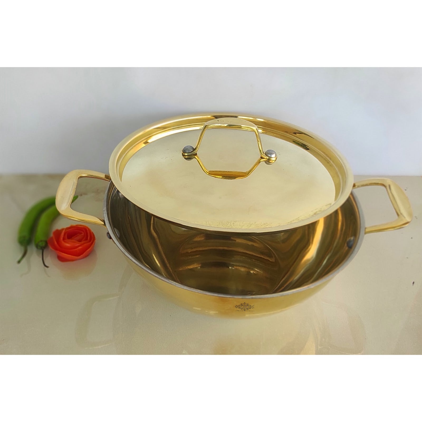 Pure Brass with tin Lining & Gold Finish Kadhai With Lid & Handle