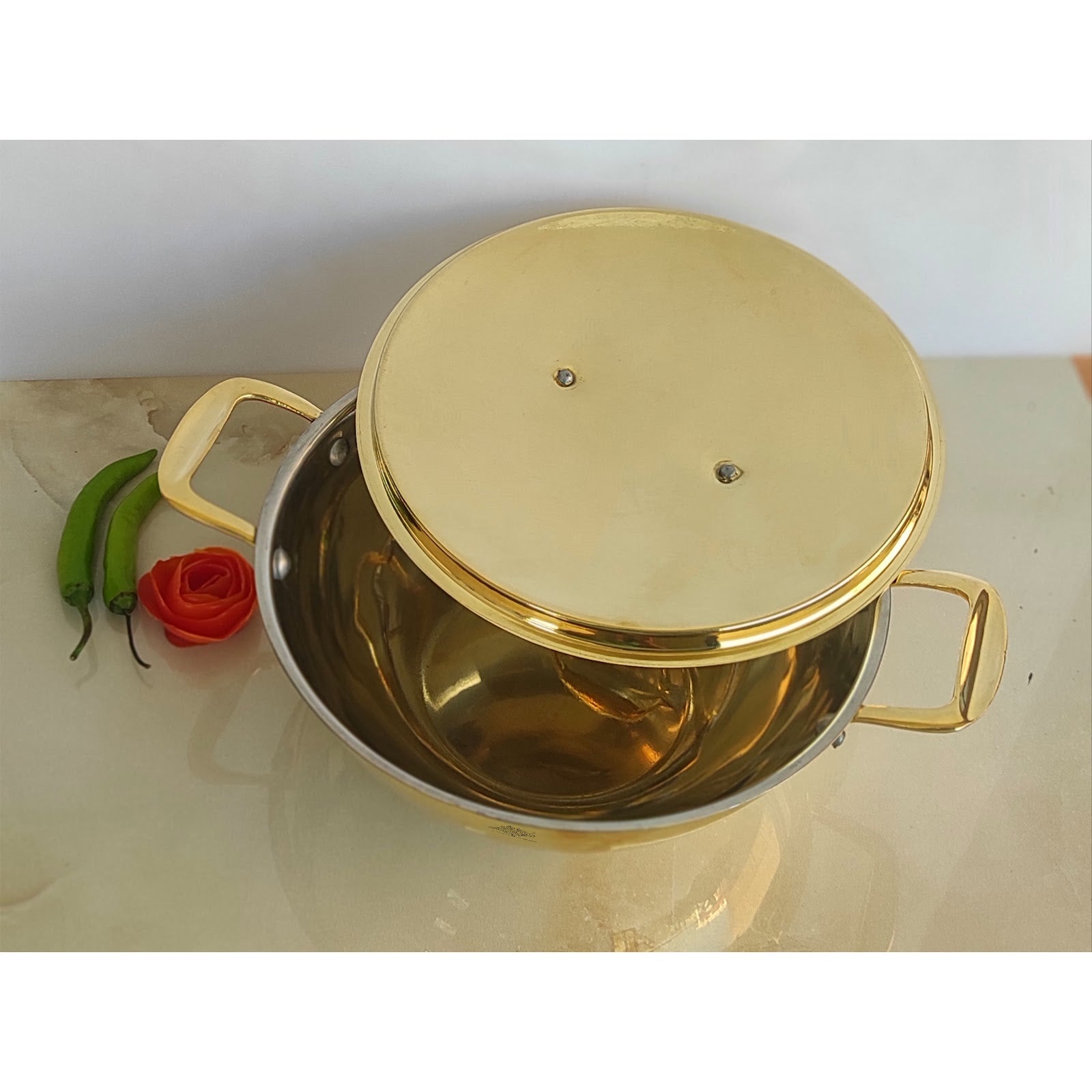 Pure Brass with tin Lining & Gold Finish Kadhai With Lid & Handle