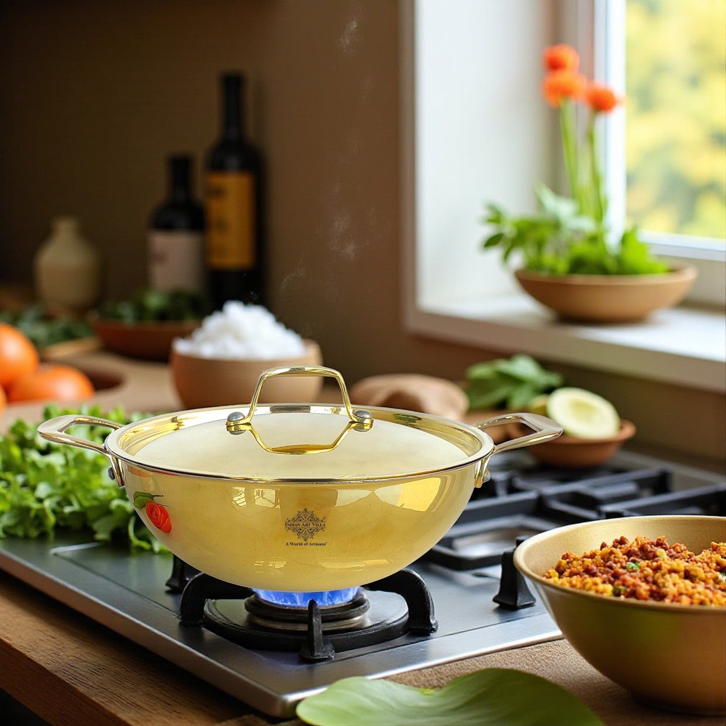 Pure Brass with tin Lining & Gold Finish Kadhai With Lid & Handle