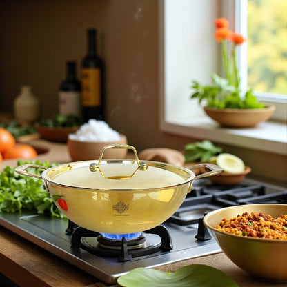 Pure Brass with tin Lining & Gold Finish Kadhai With Lid & Handle