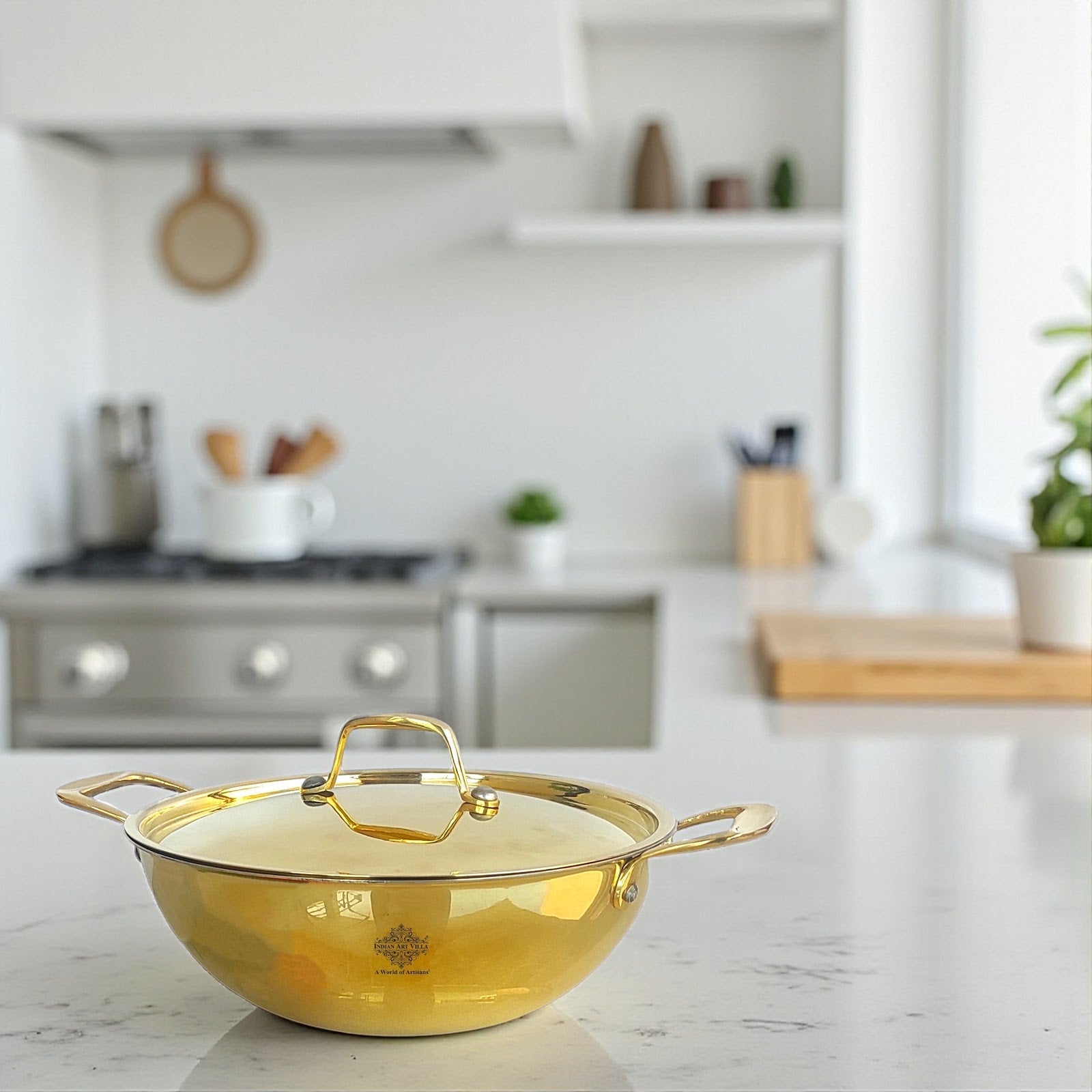 Pure Brass with tin Lining & Gold Finish Kadhai With Lid & Handle