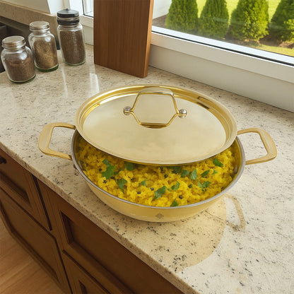 Pure Brass with tin Lining & Gold Finish Kadhai With Lid & Handle
