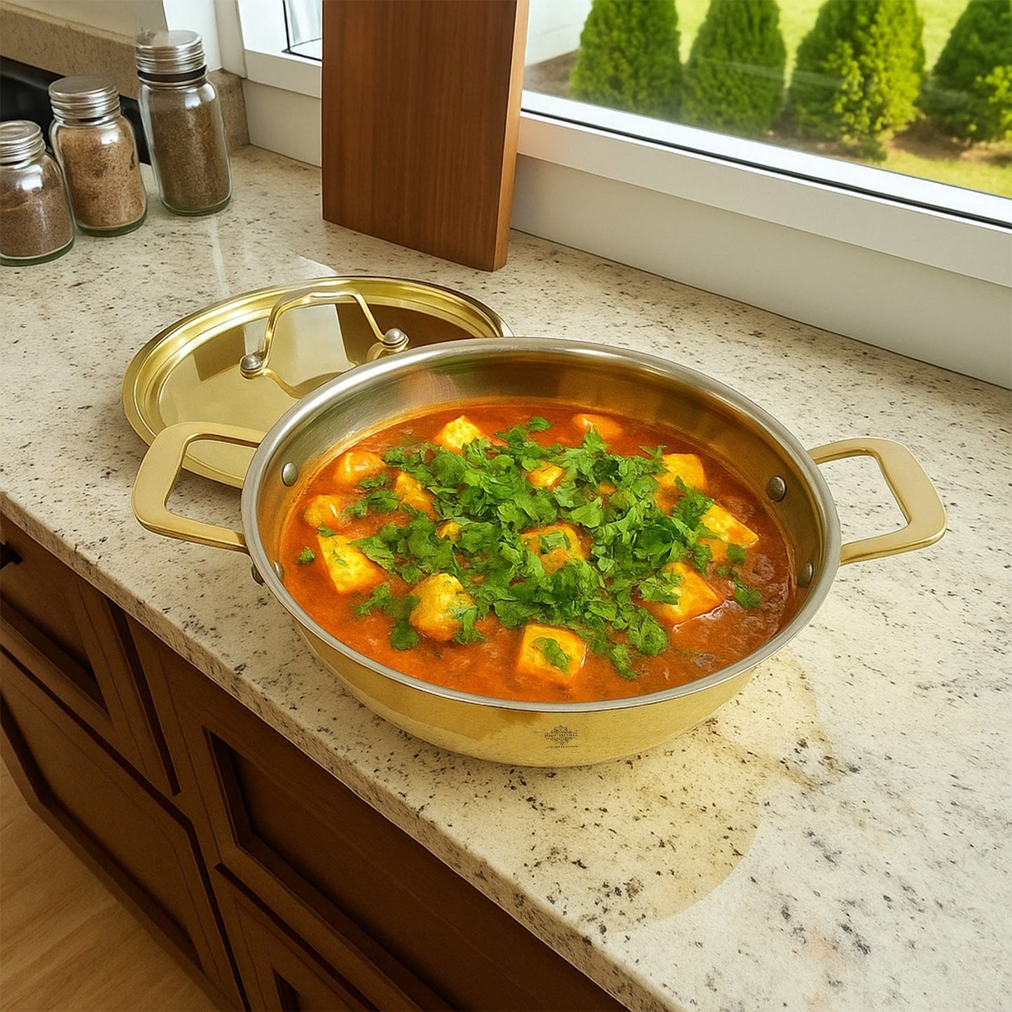 Pure Brass with tin Lining & Gold Finish Kadhai With Lid & Handle