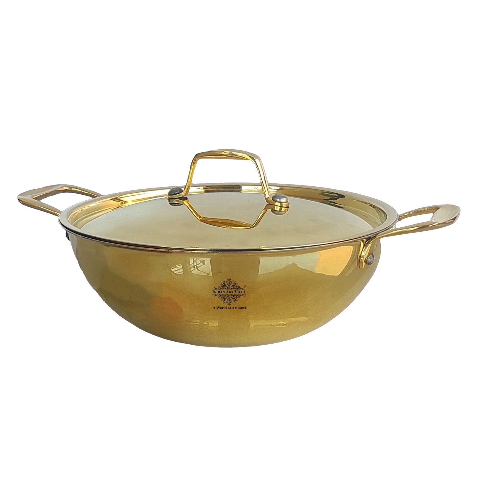 Pure Brass with tin Lining & Gold Finish Kadhai With Lid & Handle
