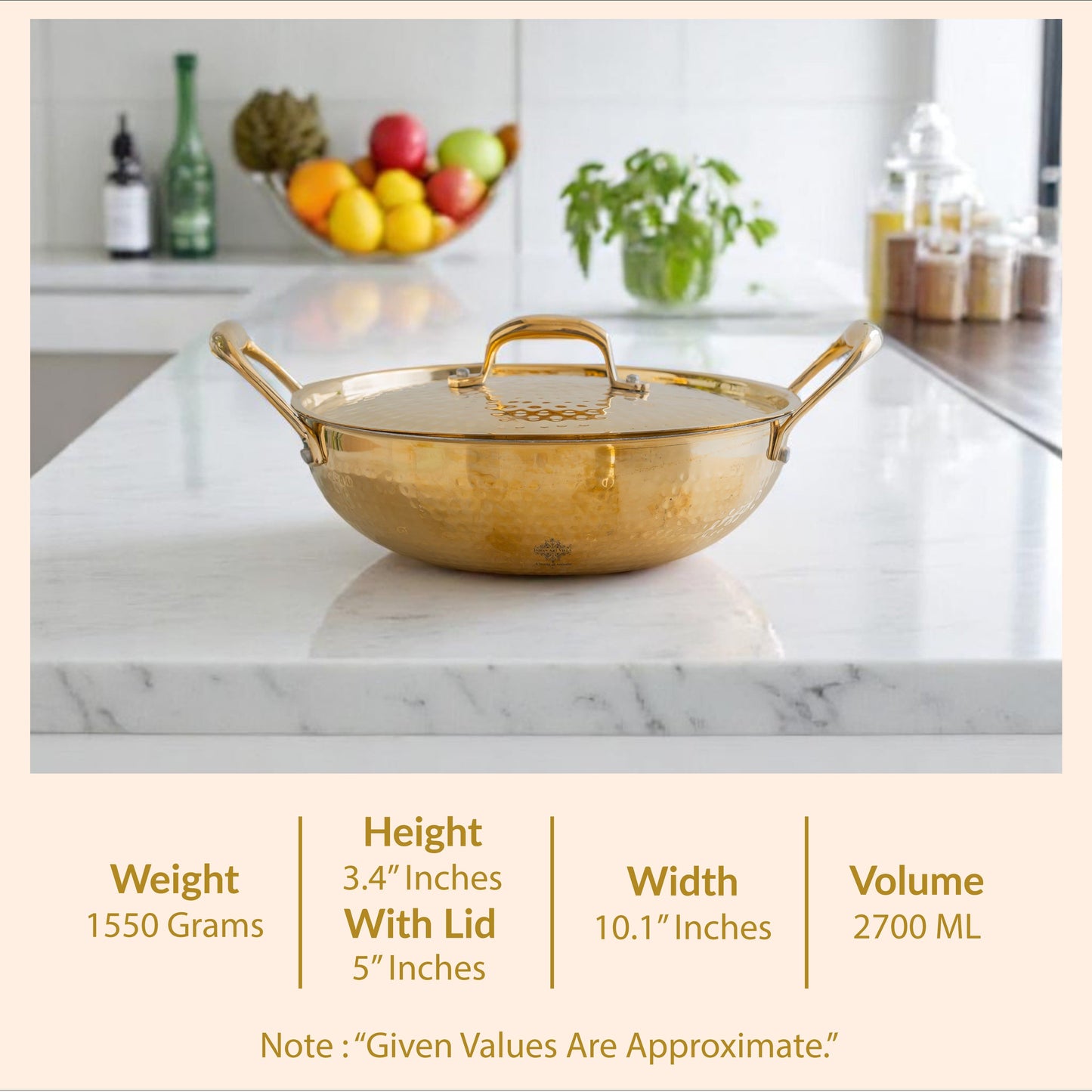 Pure Brass Hammered Kadhai with Lid & Tin lining- Durable & Stylish